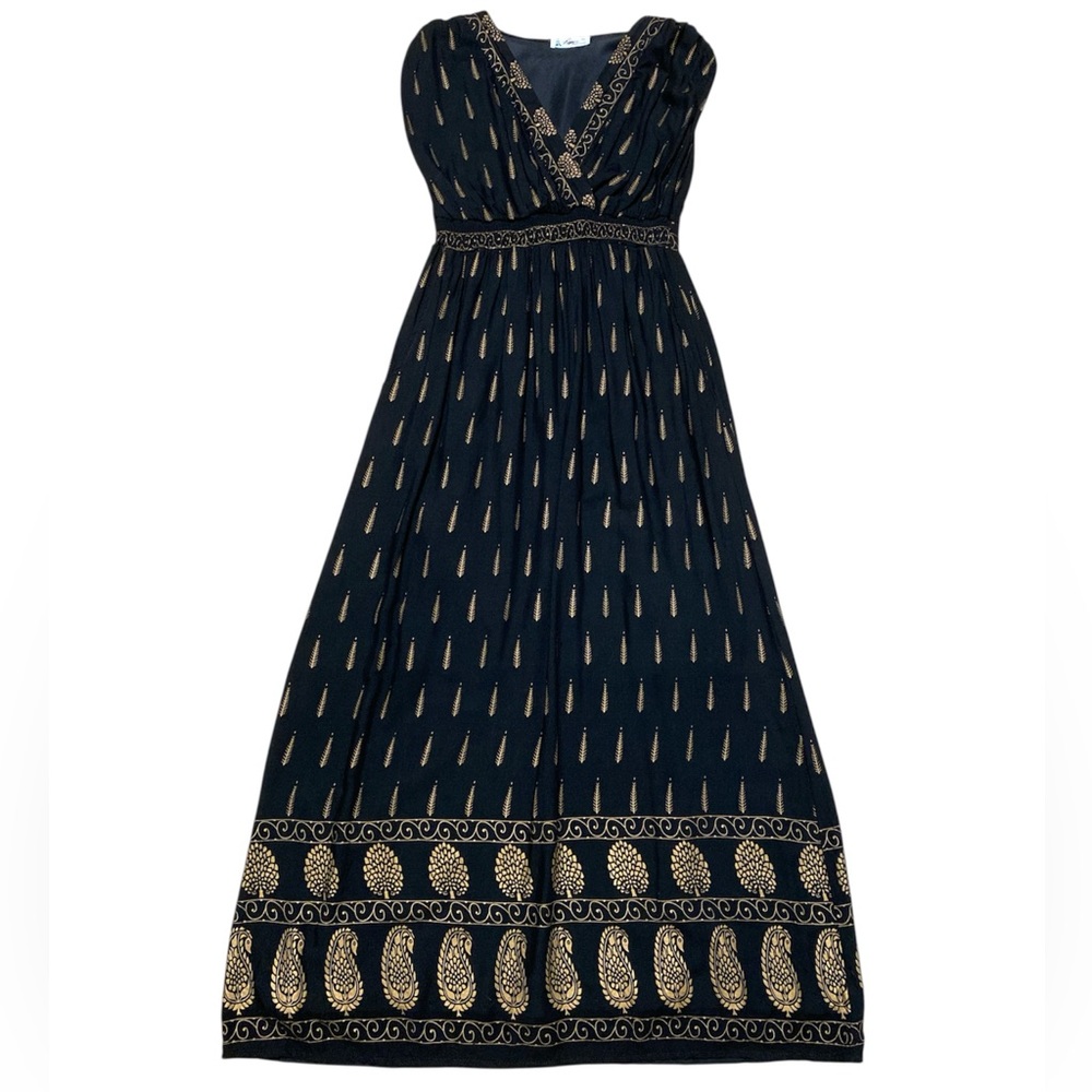 Lapogee Sleeveless Maxi Dress Women’s XL Black Gold Leaves V Neck Casual Boho
